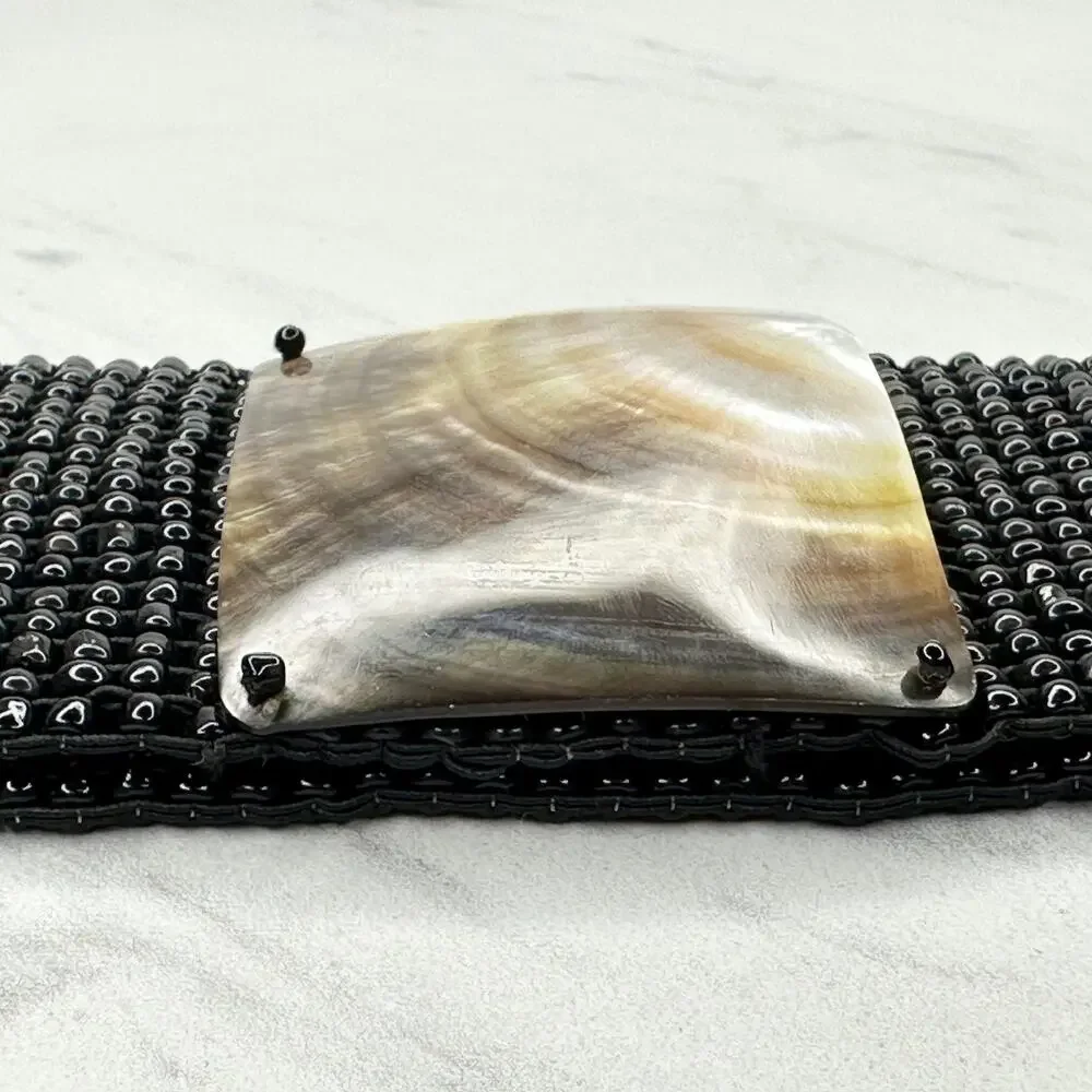 Abalone Shell Black Beaded Stretch Cinch Belt Womens OS ✨